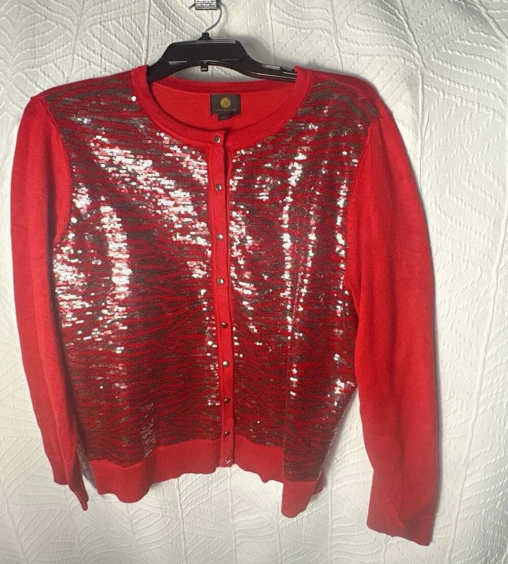 JM Collection Red Sequin Cardigan Holiday Sweater Size L
